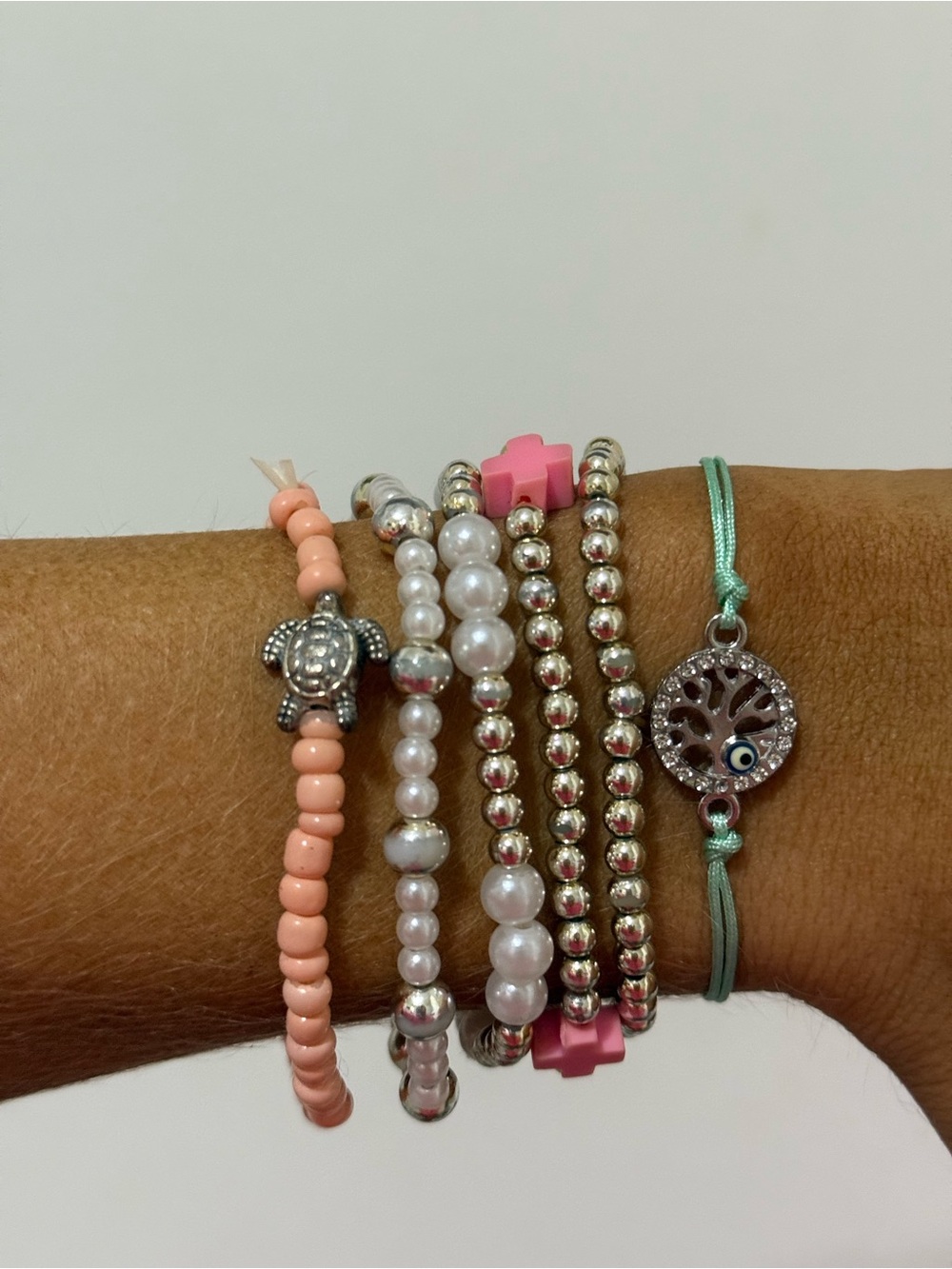 Pink Beaded Stack Bracelet Set with Silver Accents